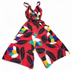 Vintage Mistra Size 14 Wide Leg‎ Jumpsuit Red Floral Leaf Palazzo Belted
